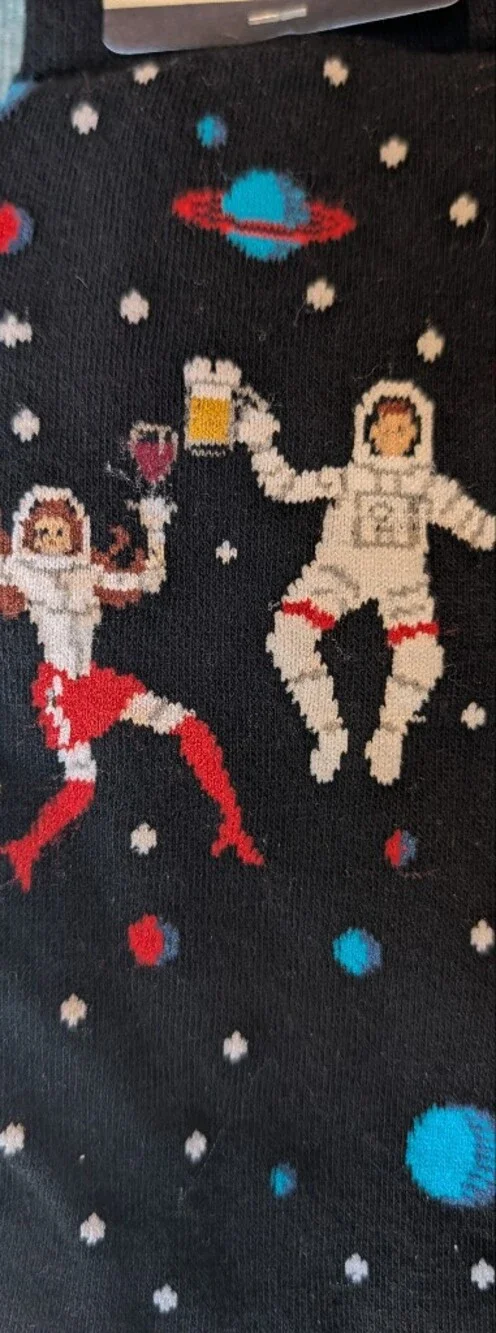 Bass Black Astronaut Novelty Crew Socks with Red & Blue Accents